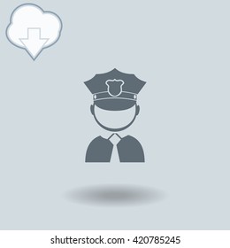 Policeman icon with shadow. Cloud of download with arrow.