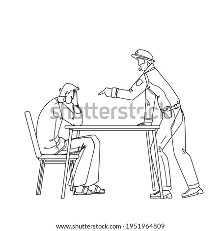 Policeman Interrogation Criminal Prisoner Black Line Pencil Drawing Vector. Detective Police Man And Bandit With Handcuffs In Interrogation Room Interviewing After Committed Crime. Illustration