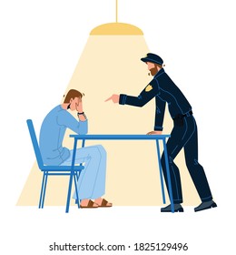 Policeman Interrogation Criminal Prisoner Vector. Detective Police Man And Bandit With Handcuffs In Interrogation Room Interviewing After Committed Crime. Characters Flat Cartoon Illustration