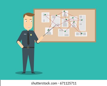 Policeman with investigation board.Crime investigation flat design concept