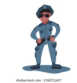 Un policía mantiene el orden en su territorio. Organismos encargados de hacer cumplir la ley. Cartel, afiche. Policía uniformado en el servicio. Ilustración vectorial de dibujos animados.