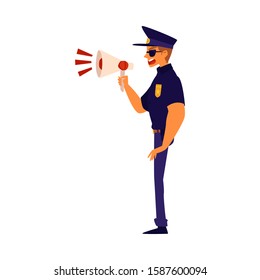 A policeman keeps order and screams into a megaphone cartoon flat vector illustration isolated on white background. Police officer, professional security and guard character.