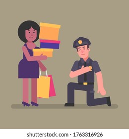 Policeman kneeling in front woman Afro-American. Concept. Vector Illustration