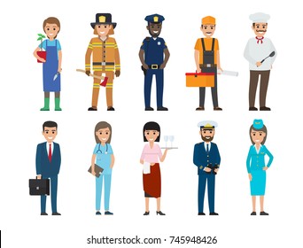 Policeman and lifesaver, mariner and cook, stewardess and doctor, manager with briefcase, builder and gardener with plant and waiter vector