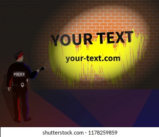 A policeman lights a brick wall with a flashlight. Vector frame.