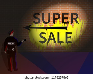 A policeman lights up a text "super sale" with an arrow on a brick wall