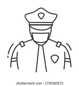 Policeman line icon. Police officer uses a medical mask to protect himself from flu, coronavirus and air pollution. Isolated vector healthcare illustration.