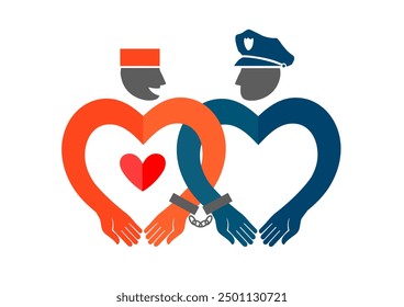 A policeman in a loving embrace with a prisoner. Heart Symbol, Valentine Day greeting card