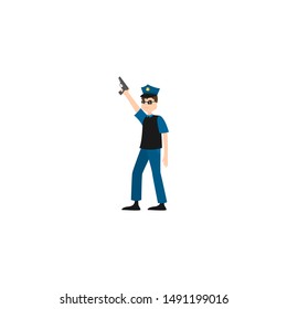 Policeman makes a warning shot. Raster illustration isolated on white background