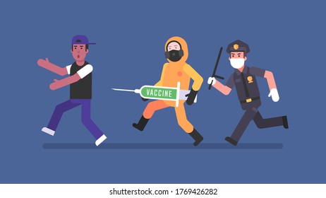 Policeman and man in protective suit with syringe chasing man. Flat people. Vector Illustration