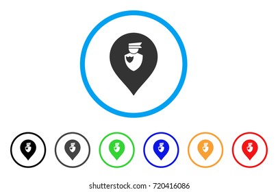 Policeman Marker rounded icon. Style is a flat policeman marker grey symbol inside light blue circle with black, gray, green, blue, red, orange variants.