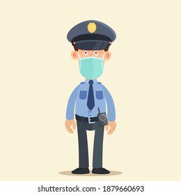 Policeman with a medical mask on their face, isolated background. Police work at pandemic and lockdown. Vector illustration, flat design, cartoon style.