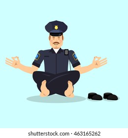 Policeman meditating. Cop yoga. Police officer relaxes. Status of nirvana and enlightenment. Lotus Pose. 