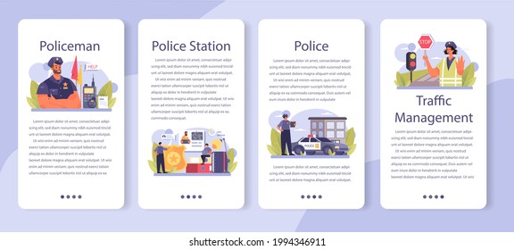Policeman mobile application banner set. Detective making interrogation investigating a crime. Officer patrol the city and managing the traffic. Flat vector illustration