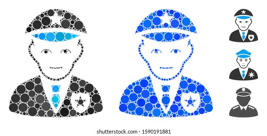 Policeman mosaic of filled circles in different sizes and color tones, based on policeman icon. Vector dots are united into blue mosaic. Dotted policeman icon in usual and blue versions.