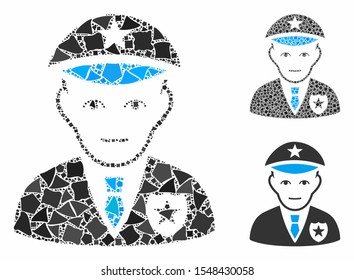 Policeman mosaic of tuberous elements in various sizes and color tinges, based on policeman icon. Vector humpy elements are grouped into mosaic. Policeman icons collage with dotted pattern.