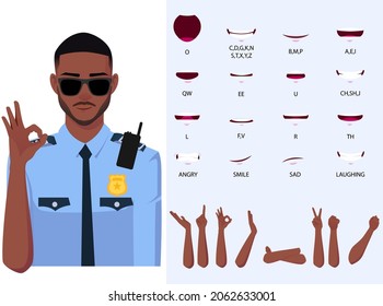 Policeman Mouth Animation Set and Hand Gestures vector