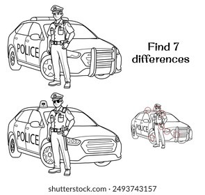 A policeman next to a police car. Find 7 differences. Tasks for children. Vector illustration