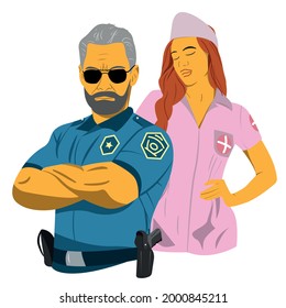 Ilustración vectorial de policías y enfermeras. Conjunto de vectores de diseño de caracteres. 