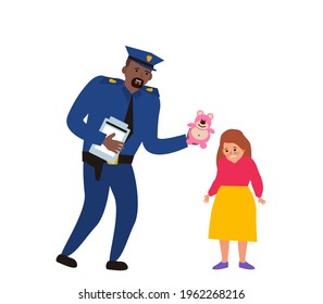 policeman officer helps to little crying girl give her a bear toy  vector illustration