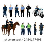 Policeman officer on duty vector illustration isolated. Police man in uniform patrol street. Security service member protect people. Law and order. Traffic police crew horse unit. Detective observe.