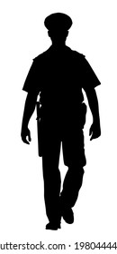 Policeman officer on duty vector silhouette illustration isolated on white background. Police man in uniform in patrol on street.  Security service member protect people. Law and order. 