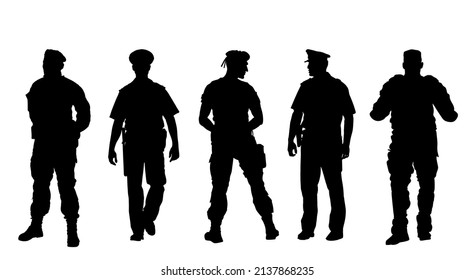 Policeman Officer On Duty Vector Silhouette Isolated On White Background. Police Man In Uniform In Patrol On Street. Security Service Member Protect People. Law And Order. Against Terrorism Unit.