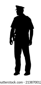 Policeman Officer On Duty Vector Silhouette Illustration Isolated On White Background. Police Man In Uniform In Patrol On Street. Security Service Member Protect People. Law And Order.