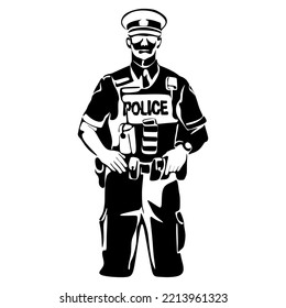 Policeman Officer On Duty Vector Silhouette Illustration Isolated On White Background. Police Man In Uniform In Patrol. Security Service Member Protect People. Law And Order.