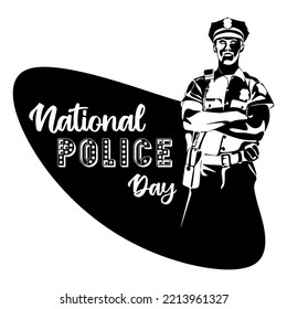 Policeman Officer On Duty Vector Silhouette Illustration Isolated On White Background. Police Man In Uniform In Patrol. Security Service Member Protect People. National Police Day Concept