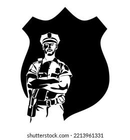 Policeman Officer On Duty Vector Silhouette Illustration Isolated On White Background. Police Man In Uniform In Patrol. Security Service Member Protect People. Law And Order.