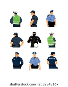 Oficial de policía en Ilustración vectorial de servicio aislado. Policía en uniforme patrullando la calle. Los miembros del servicio de seguridad protegen a las personas. Ley y orden. Unidad de la tripulación de la policía de tráfico. Detective Observe.