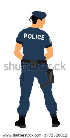 Policeman officer on duty vector illustration isolated on white background. Police man in uniform in patrol on street.  Security service member protect people. Law and order. Against terrorism unit.