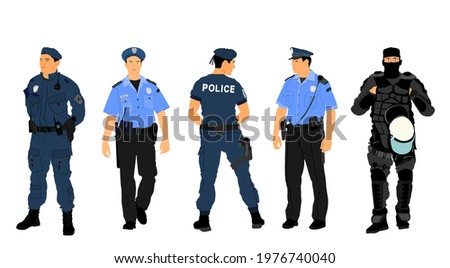 Policeman officer on duty vector illustration isolated on white background. Police man in uniform in patrol on street.  Security service member protect people. Law and order. Against terrorism unit.
