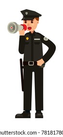 policeman officer speaking in megaphone flat style vector illustration