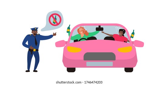 a policeman officer stopped drunk driver women in car with bottle of alcohol vector illustration