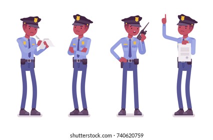 Policeman on duty. Black male officer writing a fine bill, speaking on radio, reading an official paper of punishment for a crime. Vector flat style cartoon illustration isolated on white background