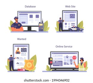Policeman online service or platform set. Detective making interrogation investigating a crime. Officer patrol the city and managing traffic. Online wanted database, website. Flat vector illustration