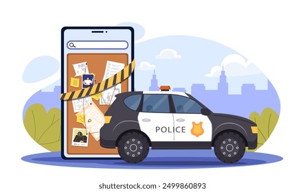 Policeman online service. Police car near smartphone with evidence. Crime investigation and city safety. Cyber protection. Flat vector illustration isolated on white background