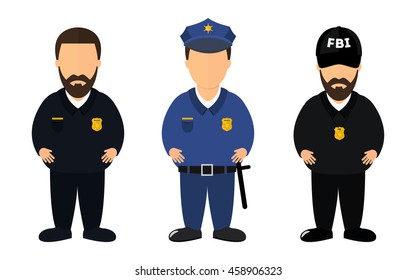 Policeman, patrol sheriff and FBI agent job vector models. WIthout face. On the isolated background