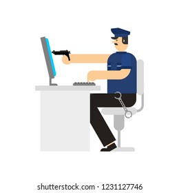 Policeman and pc and gun. Virtual Cop and weapon. Internet security. Officer Police and Computer. Vector illustration