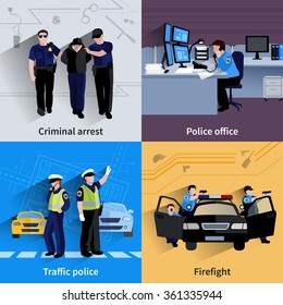 Policeman people 2x2 design compositions of traffic police  criminal arrest police office and firefight flat shadow vector illustration 