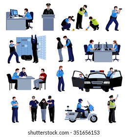 Policeman people at office and outside with police car and situation arrest of offender and interrogation flat color icons set isolated vector illustration