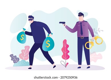 Policeman with pistol chases thief. Police officer prepares to arrest criminal. Masked robber with stolen bags of money. Cop fights crime. Man aiming from handgun at robber. Flat vector illustration