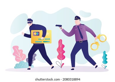 Policeman with pistol chases thief. Police officer prepares to arrest criminal. Masked robber with stolen credit card. Cop fights crime. Man aiming from handgun at robber. Flat vector illustration