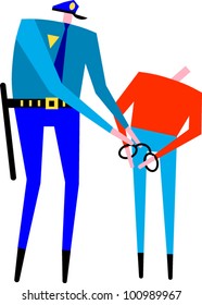 A policeman places a man in handcuffs