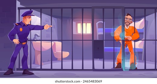 Policeman points at prisoner breaking out of jail. Vector cartoon illustration of police officer in uniform, male inmate in orange jumpsuit pouring toxic chemical substance on iron bars in cell