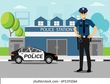 Policeman with police car in front of police station, cartoon flat-style vector illustration.