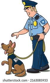 Policeman With The Police Dog. Vector Cartoon