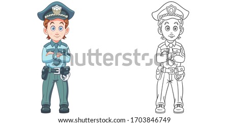 Policeman or police officer. Coloring page and colorful clipart character. Cartoon design for t shirt print, icon, logo, label, patch or sticker. Vector illustration.